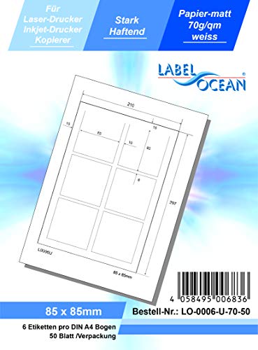 LabelOcean LO-0006-U-70-50 Universal Etiketten, 50 Blatt 70g/qm, BxH: 85 x 85 mm, Hochwertiges Papier von LabelOcean