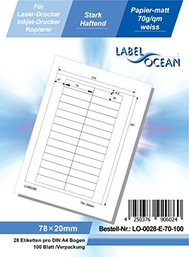 LabelOcean LO-0028-E-70-100 Universal Etiketten, BxH: 78 x 20 mm, 100 Blatt 70g/qm, Hochwertiges Papier LabelOcean LO-0028-E-70-100 Universal Etiketten, BxH: 78 x 20 mm, 100 Blatt 70g/qm, Hochwertiges Papier von LabelOcean
