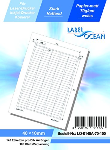 LabelOcean LO-0145-A-70-100 Universal Etiketten, 100 Blatt 70g/qm, BxH: 40 x 10 mm, Hochwertiges Papier LabelOcean LO-0145-A-70-100 Universal Etiketten, 100 Blatt 70g/qm, BxH: 40 x 10 mm, Hochwertiges Papier von LabelOcean