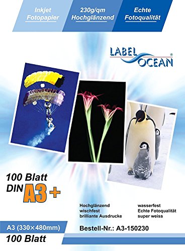 LabelOcean LO – 100 Blatt Fotopapier A3 + Plus Premium Hochglanz 230 g von LabelOcean