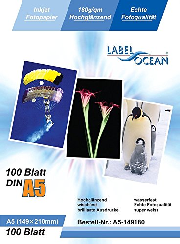 LabelOcean LO – 100 Blatt Fotopapier A5 148 x 210 mm Premium Hochglanz 180 g von LabelOcean