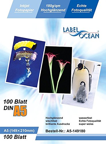 LabelOcean LO – 100 Blatt Fotopapier A5 148 x 210 mm Premium Hochglanz 180 g von LabelOcean