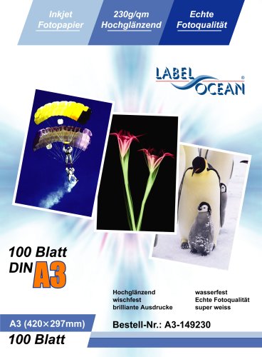 LabelOcean Premium Fotopapier 100 Blatt A3 230g/qm Highglossy hochglänzend wasserfest von LabelOcean