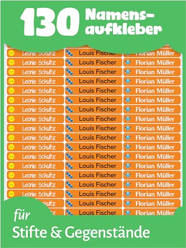LabelTiger® Personalisierte Namensaufkleber für Kinder in der Schule - 130 Stück, Ideale Aufkleber für Stifte & Schulsachen, Selbstklebend & Wasserfest - Orange von LabelTiger