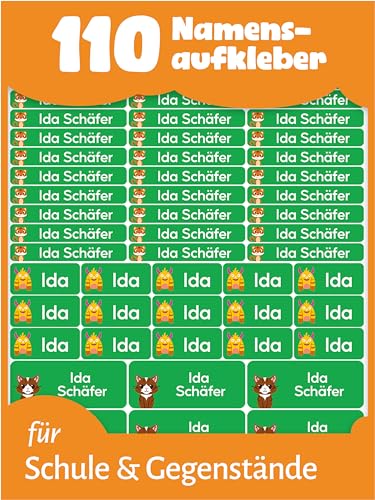 LabelTiger® Personalisierte Namensaufkleber im Set für Kinder in der Schule - 110 Stück, Aufkleber für Stifte und Schulsachen, Selbstklebend & Wasserfest - Grün von LabelTiger