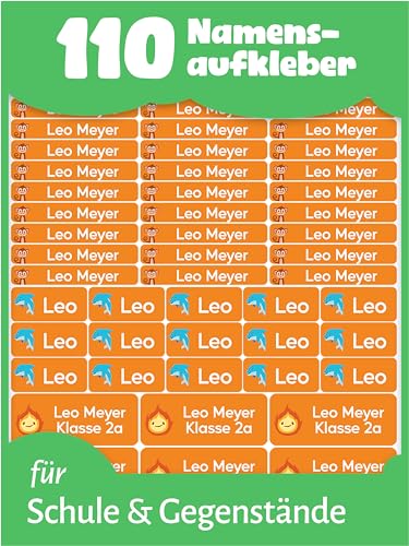LabelTiger® Personalisierte Namensaufkleber im Set für Kinder in der Schule - 110 Stück, Aufkleber für Stifte und Schulsachen, Selbstklebend & Wasserfest - Orange von LabelTiger