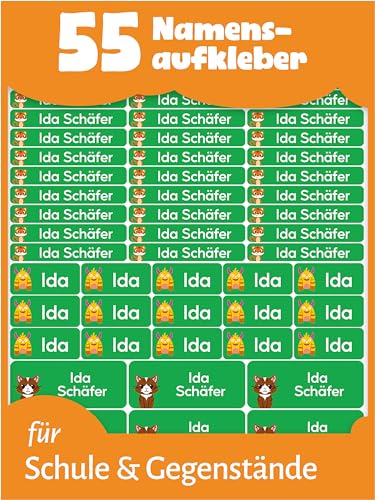 LabelTiger® Personalisierte Namensaufkleber im Set für Kinder in der Schule - 55 Stück, Aufkleber für Stifte und Schulsachen, Selbstklebend & Wasserfest - Grün von LabelTiger