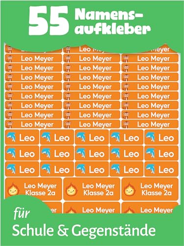 LabelTiger® Personalisierte Namensaufkleber im Set für Kinder in der Schule - 55 Stück, Aufkleber für Stifte und Schulsachen, Selbstklebend & Wasserfest - Orange von LabelTiger