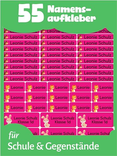 LabelTiger® Personalisierte Namensaufkleber im Set für Kinder in der Schule - 55 Stück, Aufkleber für Stifte und Schulsachen, Selbstklebend & Wasserfest - Pink von LabelTiger