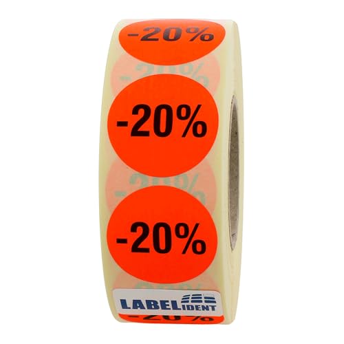 Aktionsetiketten -20% - Ø 30 mm - 1.000 Rabattaufkleber auf Rolle, Papier, selbstklebend von Labelident