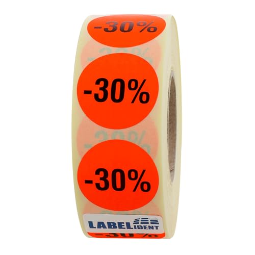 Aktionsetiketten -30% - Ø 30 mm - 1.000 Rabattaufkleber auf Rolle, 40 mm Kern, Papier, selbstklebend von Labelident