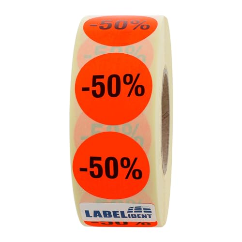 Aktionsetiketten -50% - Ø 30 mm - 1.000 Rabattaufkleber auf Rolle, 40 mm Kern, Papier, selbstklebend von Labelident