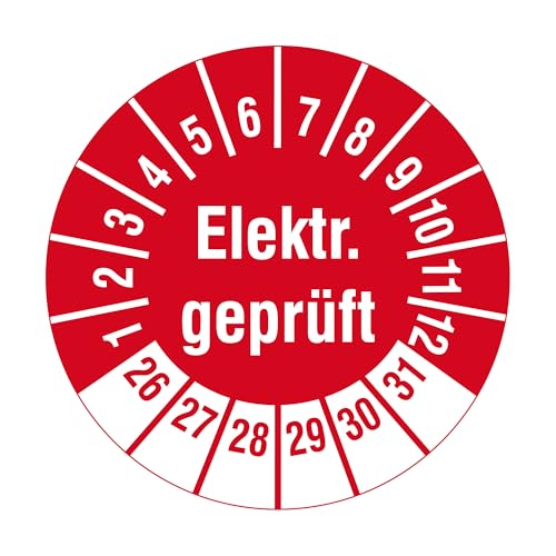 Elektro Prüfplaketten 2026-2031 - Elektr. geprüft - Ø 20 mm, 1.000 widerstandsfähige Mehrjahresprüfplaketten auf Rolle, Polyethylen, rot-weiß, selbstklebend von Labelident