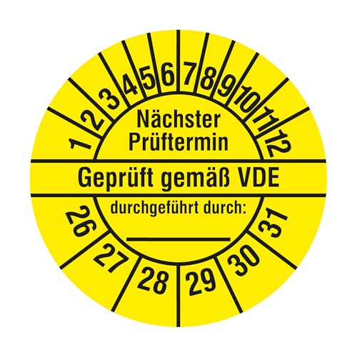 Elektro Prüfplaketten 2026-2031 - Geprüft gemäß VDE/Nächster Prüftermin - Ø 20 mm, 1.000 widerstandsfähige Mehrjahresprüfplaketten auf Rolle, Polyethylen, gelb-schwarz, selbstklebend von Labelident