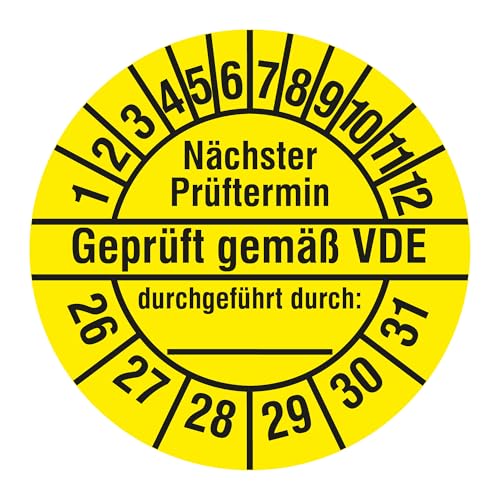 Elektro Prüfplaketten 2026-2031 - Geprüft gemäß VDE/Nächster Prüftermin - Ø 30 mm, 1.000 widerstandsfähige Mehrjahresprüfplaketten auf Rolle, Polyethylen, gelb-schwarz, selbstklebend von Labelident