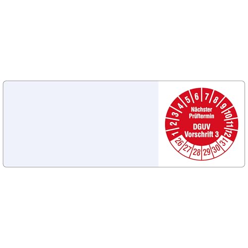 Kabelprüfplaketten 25 x 70 mm für Kabel-Ø 7,5 bis 16,5 mm - Nächster Prüftermin DGUV Vorschrift 3-1.000 Prüfplaketten auf Rolle 2026-2031, Vinyl rot-weiß von Labelident