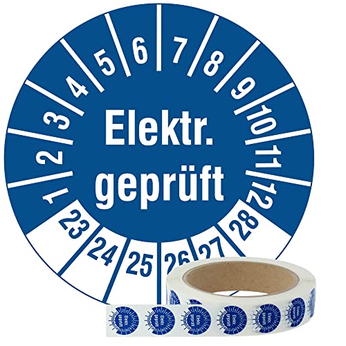 Labelident Elektro Prüfplaketten 2023-2028 - Elektr. geprüft - Ø 20 mm, 1.000 widerstandsfähige Mehrjahresprüfplaketten auf Rolle, Polyethylen, blau, selbstklebend von Labelident