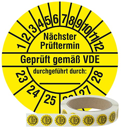 Labelident Elektro Prüfplaketten 2023-2028 - Geprüft gemäß VDE/Nächster Prüftermin - Ø 20 mm, 1.000 widerstandsfähige Mehrjahresprüfplaketten auf Rolle, Polyethylen, gelb, selbstklebend von Labelident