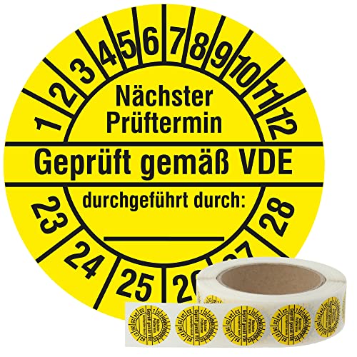 Labelident Elektro Prüfplaketten 2023-2028 - Geprüft gemäß VDE/Nächster Prüftermin - Ø 30 mm, 1.000 widerstandsfähige Mehrjahresprüfplaketten auf Rolle, Polyethylen, gelb, selbstklebend von Labelident