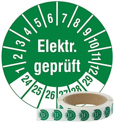 Labelident Elektro Prüfplaketten 2024-2029 - Elektr. geprüft - Ø 20 mm, 1.000 widerstandsfähige Mehrjahresprüfplaketten auf Rolle, Polyethylen, grün, selbstklebend von Labelident