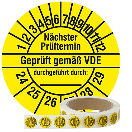 Labelident Elektro Prüfplaketten 2024-2029 - Geprüft gemäß VDE/Nächster Prüftermin - Ø 20 mm, 1.000 widerstandsfähige Mehrjahresprüfplaketten auf Rolle, Polyethylen, gelb, selbstklebend von Labelident