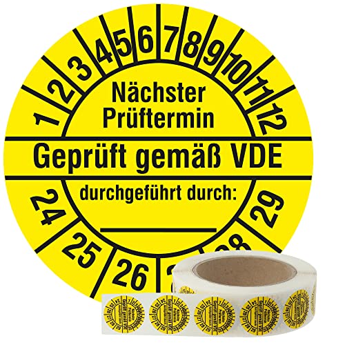 Labelident Elektro Prüfplaketten 2024-2029 - Geprüft gemäß VDE/Nächster Prüftermin - Ø 30 mm, 1.000 widerstandsfähige Mehrjahresprüfplaketten auf Rolle, Polyethylen, gelb, selbstklebend von Labelident