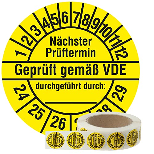 Labelident Elektro Prüfplaketten 2024-2029 - Geprüft gemäß VDE/Nächster Prüftermin - Ø 30 mm, 1.000 widerstandsfähige Mehrjahresprüfplaketten auf Rolle, Polyethylen, gelb-schwarz, selbstklebend von Labelident