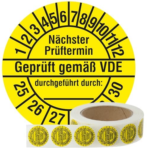 Labelident Elektro Prüfplaketten 2025-2030 - Geprüft gemäß VDE/Nächster Prüftermin - Ø 30 mm, 1.000 widerstandsfähige Mehrjahresprüfplaketten auf Rolle, Polyethylen, gelb, selbstklebend von Labelident