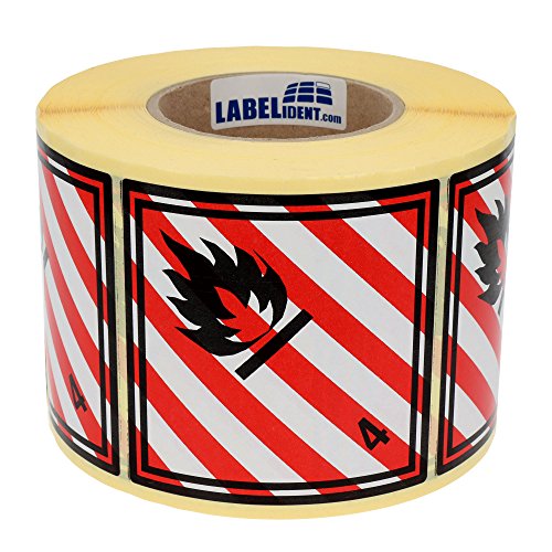 Gefahrgutaufkleber 100 x 100 mm - Klasse 4.1 - Entzündbare feste Stoffe - 1.000 Gefahrgutetiketten auf 1 Rolle(n), 40 mm Kern, Papier weiß-rot-schwarz von Labelident