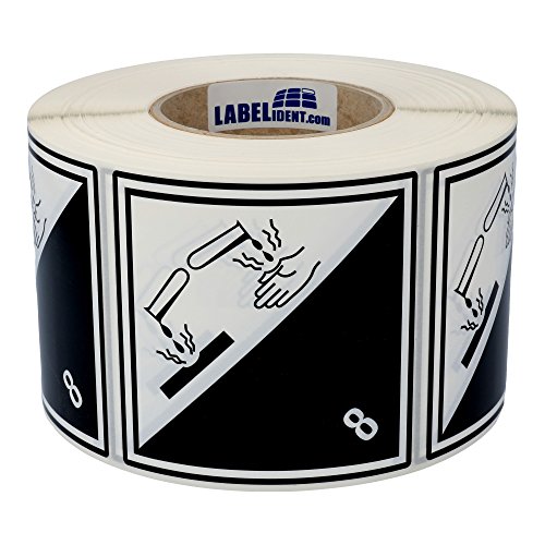 Gefahrgutaufkleber 100 x 100 mm - Klasse 8 - Ätzende Stoffe - 500 Gefahrgutetiketten auf 1 Rolle(n), 40 mm Kern, Polyethylen schwarz-weiß von Labelident
