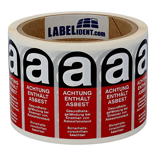 Labelident Gefahrstoffetiketten für asbesthaltige Produkte - 25 x 60 mm - Polyethylen, rot/schwarz - 500 Gefahrgutaufkleber auf 1 Rolle von Labelident