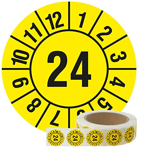 Labelident Jahresprüfplakette 2024 - Monate - Jahreszahl (JJ) - Ø 30 mm, 1.000 fälschungssichere Jahresplaketten auf Rolle, Dokumentenfolie, gelb, selbstklebend von Labelident