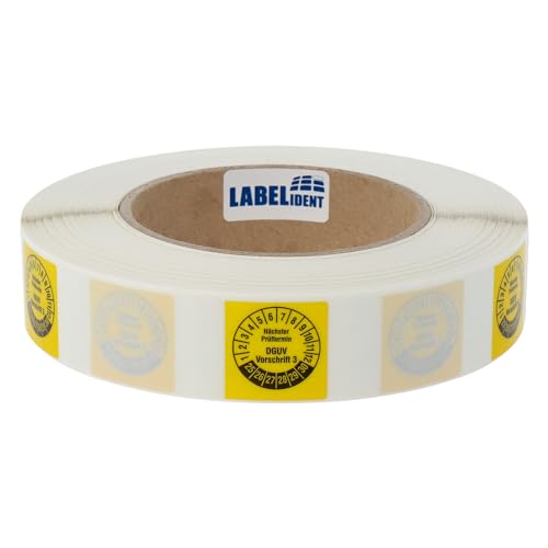 Labelident Kabelprüfplaketten 25 x 70 mm für Kabel-Ø 7,5 bis 16,5 mm - Nächster Prüftermin DGUV Vorschrift 3-1.000 Prüfplaketten auf Rolle 2025-2030, Vinyl gelb von Labelident