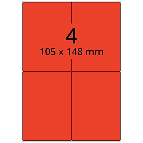 Labelident Laseretiketten selbstklebend auf DIN A4 Bogen - 105 x 148 mm - 400 Universal Etiketten rot, matt, 100 Blatt Papier Laserdrucker Etiketten von Labelident