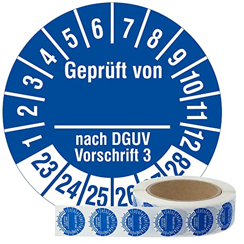 Labelident Mehrjahresprüfplaketten 2023-2028 - Geprüft DGUV V 3 - Ø 30 mm, 1.000 widerstandsfähige Prüfplaketten auf Rolle, Polyethylen, blau, selbstklebend von Labelident