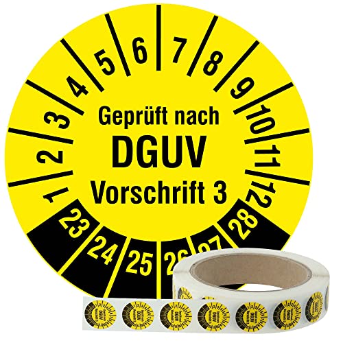 Labelident Mehrjahresprüfplaketten 2023-2028 - Geprüft nach DGUV Vorschrift 3 - Ø 20 mm, 1.000 fälschungssichere Prüfplaketten auf Rolle, Dokumentenfolie, gelb, selbstklebend von Labelident
