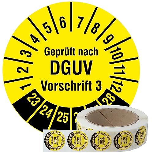 Labelident Mehrjahresprüfplaketten 2023-2028 - Geprüft nach DGUV Vorschrift 3 - Ø 30 mm, 1.000 fälschungssichere Prüfplaketten auf Rolle, Dokumentenfolie, gelb, selbstklebend von Labelident