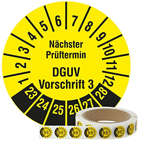 Labelident Mehrjahresprüfplaketten 2023-2028 - Nächster Prüftermin DGUV Vorschrift 3 - Ø 20 mm, 1.000 widerstandsfähige Prüfplaketten auf Rolle, Polyethylen, gelb, selbstklebend von Labelident