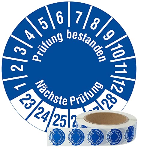 Labelident Mehrjahresprüfplaketten 2023-2028 - Prüfung bestanden/Nächste Prüfung - Ø 30 mm, 1.000 widerstandsfähige Prüfplaketten auf Rolle, Polyethylen, blau von Labelident