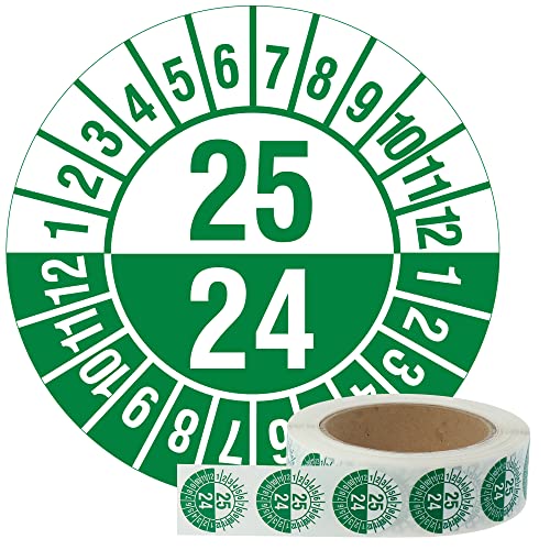 Labelident Mehrjahresprüfplaketten 2024-2025 - 2 Jahresangaben - Ø 30 mm, 1.000 widerstandsfähige Prüfplaketten auf Rolle, Polyethylen, grün von Labelident
