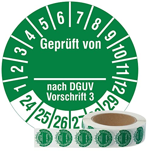 Labelident Mehrjahresprüfplaketten 2024-2029 - Geprüft DGUV V 3 - Ø 30 mm, 1.000 widerstandsfähige Prüfplaketten auf Rolle, Polyethylen, grün, selbstklebend von Labelident