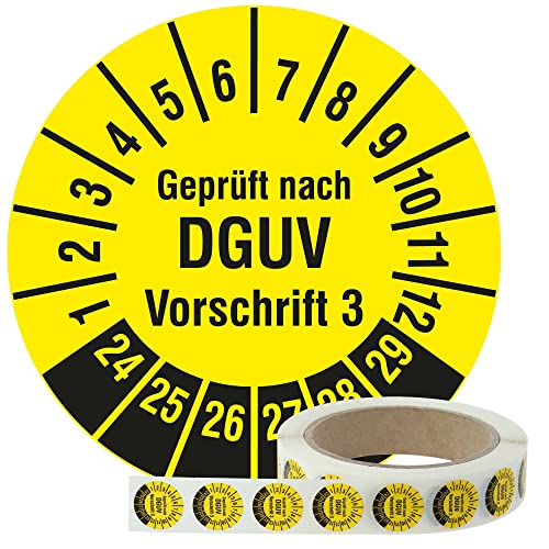Labelident Mehrjahresprüfplaketten 2024-2029 - Geprüft nach DGUV Vorschrift 3 - Ø 20 mm, 1.000 widerstandsfähige Prüfplaketten auf Rolle, Polyethylen, gelb, selbstklebend von Labelident