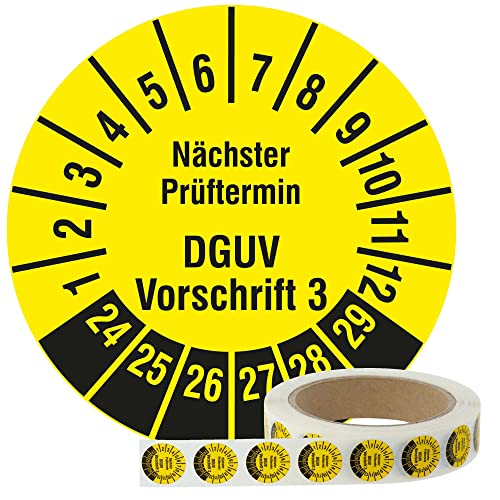 Labelident Mehrjahresprüfplaketten 2024-2029 - Nächster Prüftermin DGUV Vorschrift 3 - Ø 20 mm, 1000 widerstandsfähige Prüfplaketten auf Rolle, Polyethylen, gelb, selbstklebend von Labelident