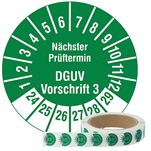 Labelident Mehrjahresprüfplaketten 2024-2029 - Nächster Prüftermin DGUV Vorschrift 3 - Ø 20 mm, 1.000 widerstandsfähige Prüfplaketten auf Rolle, Polyethylen, grün, selbstklebend von Labelident