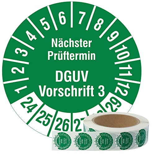 Labelident Mehrjahresprüfplaketten 2024-2029 - Nächster Prüftermin DGUV Vorschrift 3 - Ø 30 mm, 1.000 widerstandsfähige Prüfplaketten auf Rolle, Polyethylen, grün, selbstklebend von Labelident