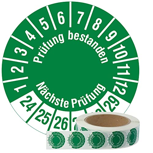 Labelident Mehrjahresprüfplaketten 2024-2029 - Prüfung bestanden/Nächste Prüfung - Ø 30 mm, 1.000 widerstandsfähige Prüfplaketten auf Rolle, Polyethylen, grün von Labelident