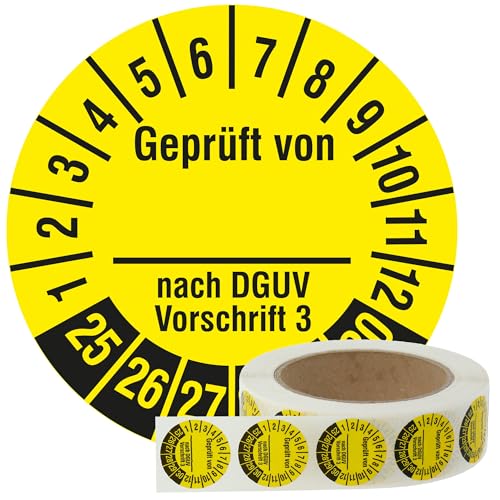Labelident Mehrjahresprüfplaketten 2025-2030 - Geprüft DGUV V 3 - Ø 30 mm, 1.000 widerstandsfähige Prüfplaketten auf Rolle, Polyethylen, gelb, selbstklebend von Labelident