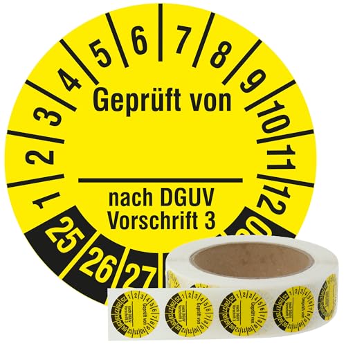 Labelident Mehrjahresprüfplaketten 2025-2030 - Geprüft DGUV V 3 - Ø 30 mm, 1.000 widerstandsfähige Prüfplaketten auf Rolle, Polyethylen, gelb, selbstklebend von Labelident