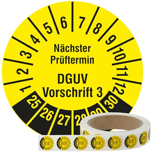 Labelident Mehrjahresprüfplaketten 2025-2030 - Nächster Prüftermin DGUV Vorschrift 3 - Ø 20 mm, 1.000 widerstandsfähige Prüfplaketten auf Rolle, Polyethylen, gelb, selbstklebend von Labelident