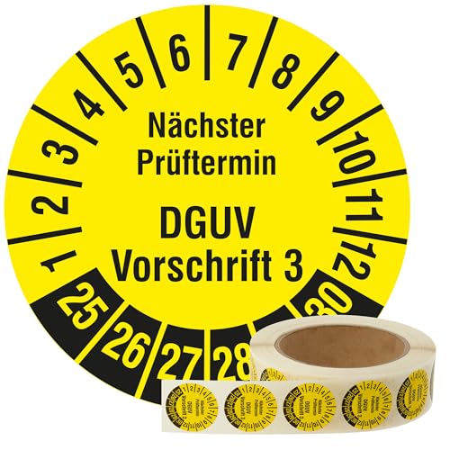 Labelident Mehrjahresprüfplaketten 2025-2030 - Nächster Prüftermin DGUV Vorschrift 3 - Ø 30 mm, 1.000 widerstandsfähige Prüfplaketten auf Rolle, Polyethylen, gelb, selbstklebend von Labelident